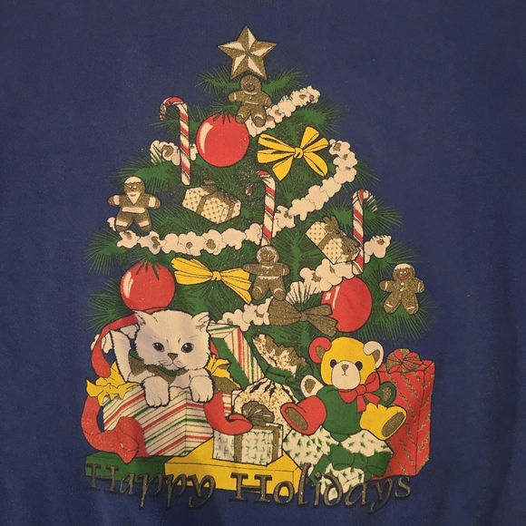 Vintage Blue Christmas Tree Cat Bear Sweatshirt Size Large Festive USA Kitsch - Picture 3 of 9